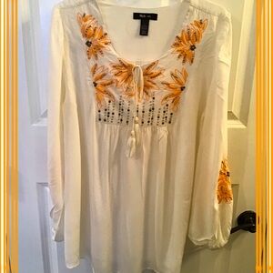 Style & Co. White and Orange Embroidered Top